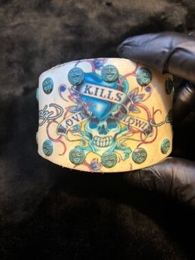 Ed Hardy Blue & Tan 'Love Kills' Studded Skull Cuff Bracelet